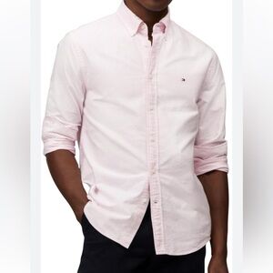 Tommy Hilfiger Pink Stripe Casual Button Down Shirt with Point Collar Cotton